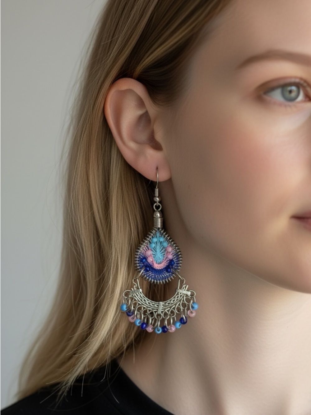 10/9 Handcrafted Blue & Pink Boho Drop Earrings
